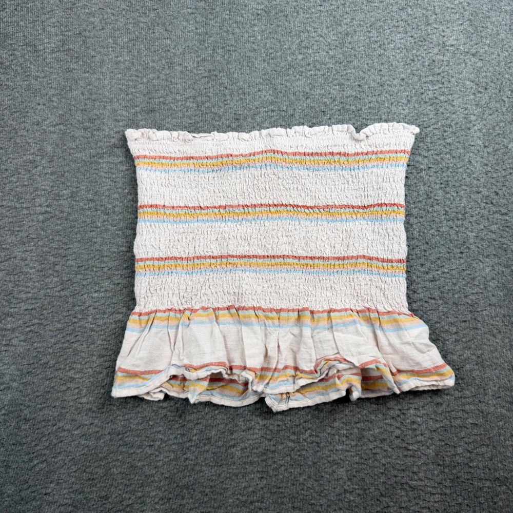 American Eagle Tube Top Women's Medium Cream Striped Smocked Peplum Ruffle Boho‎